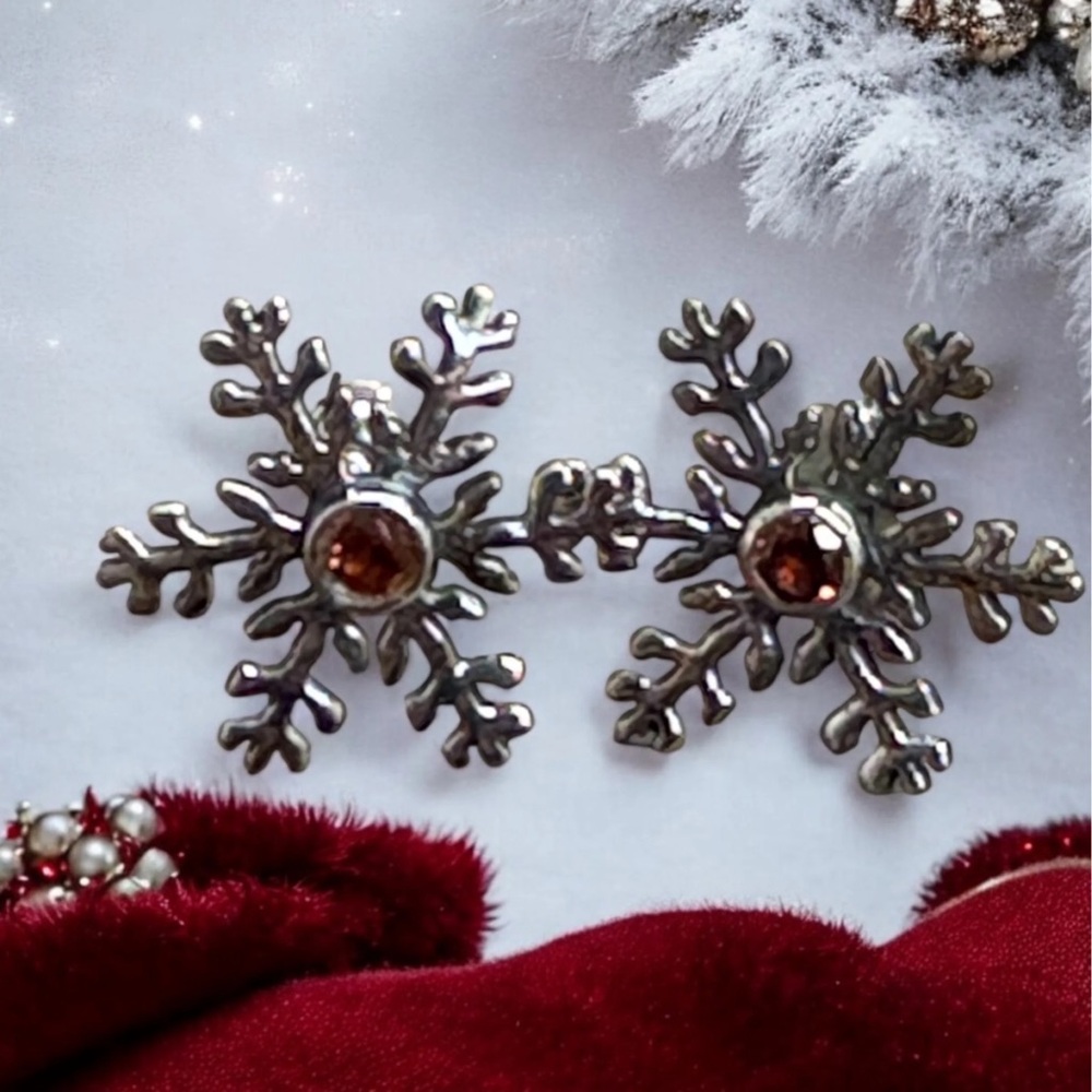 Sterling Silver Snowflake and Garnet Earrings